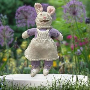 Hand Knit Bunny Girl, Cute Knitted Little Bunny Doll, White, Pink, Purple 20”